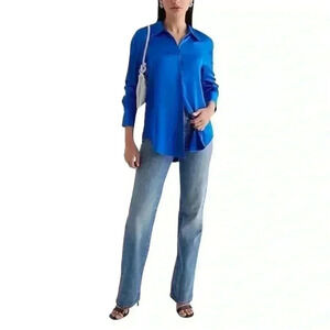EXPRESS Portafino Boyfriend shirt dark blue long sleeve roll tab women x-small